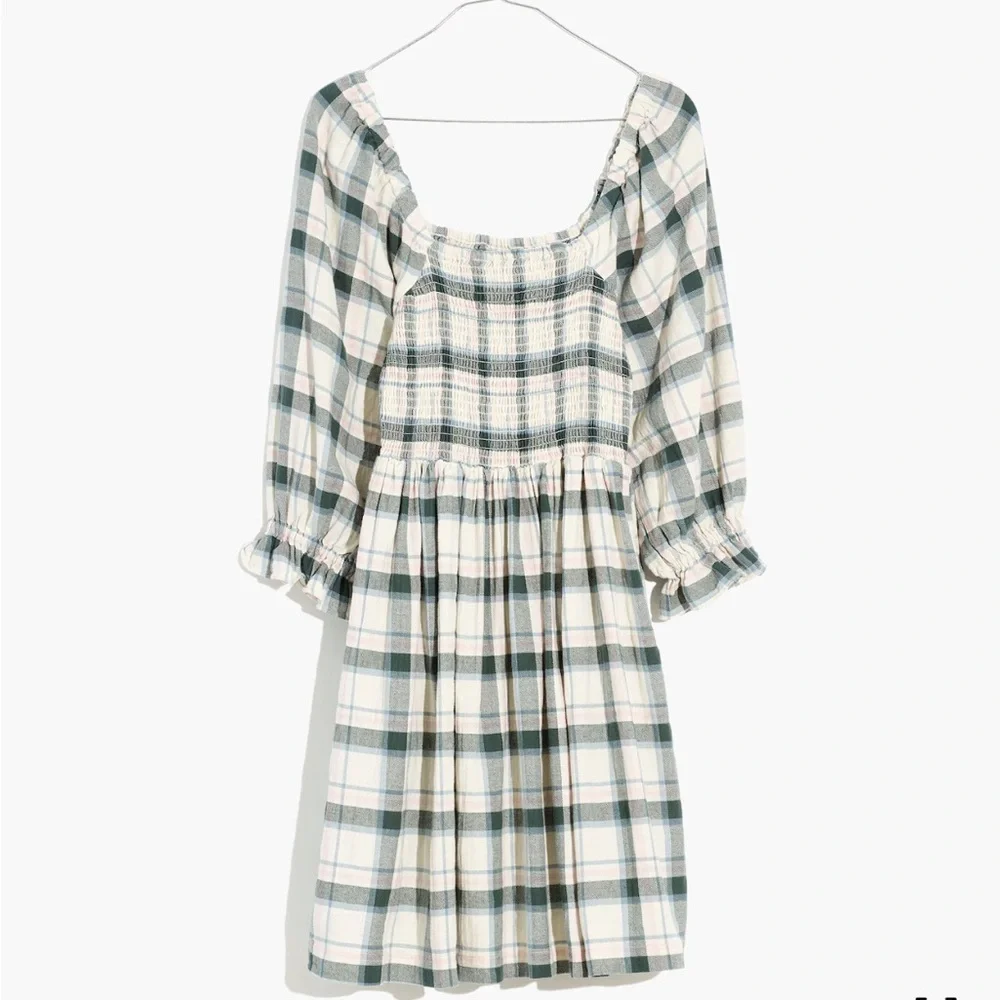 Madewell Women’s Lucie Elbow-Sleeve Smocked Mini Dress in Lebaum Plaid Small S - Picture 5 of 11